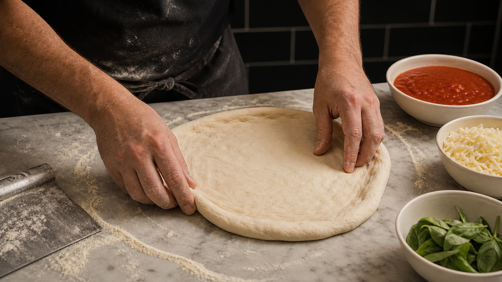 Pizza maker shaping dough beside bowls of sauce, cheese, and basil