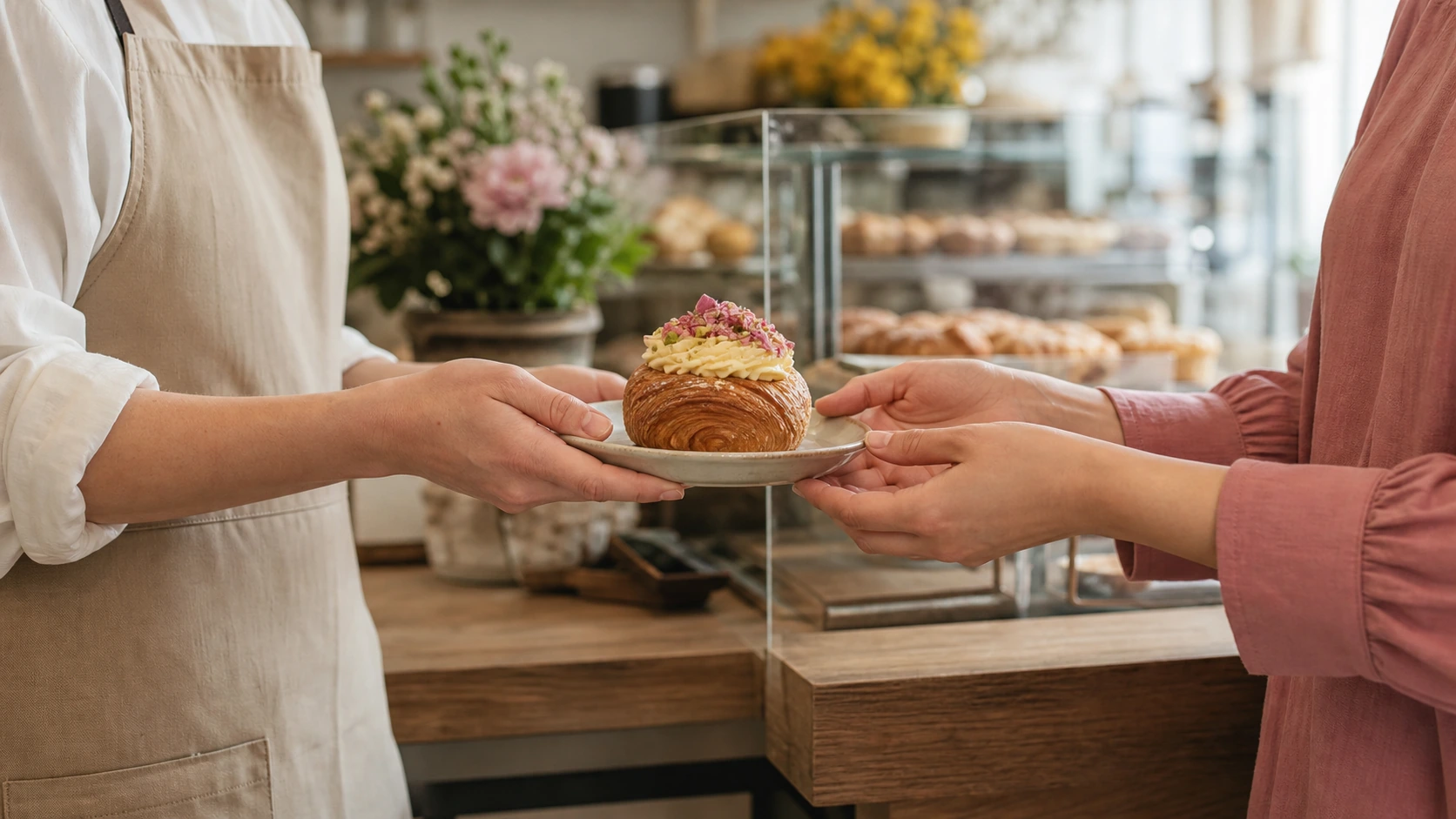 Fictional staff passing a plated pastry to a guest