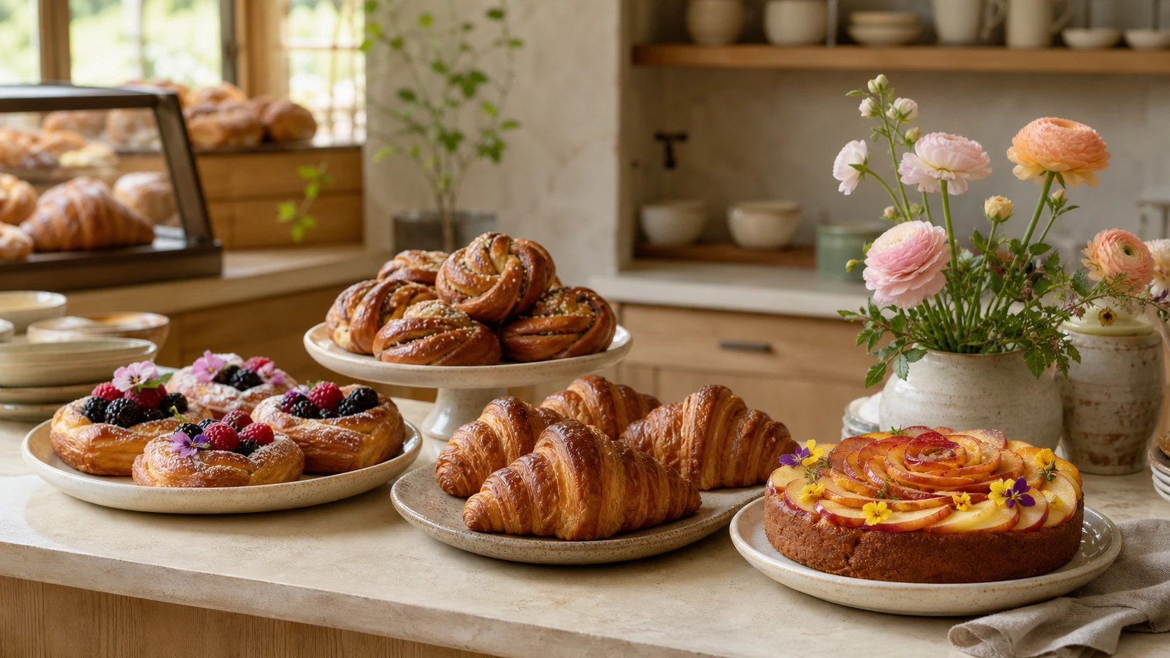 Fictional pastry spread with croissants, berry danishes, buns, fruit tart, and flowers