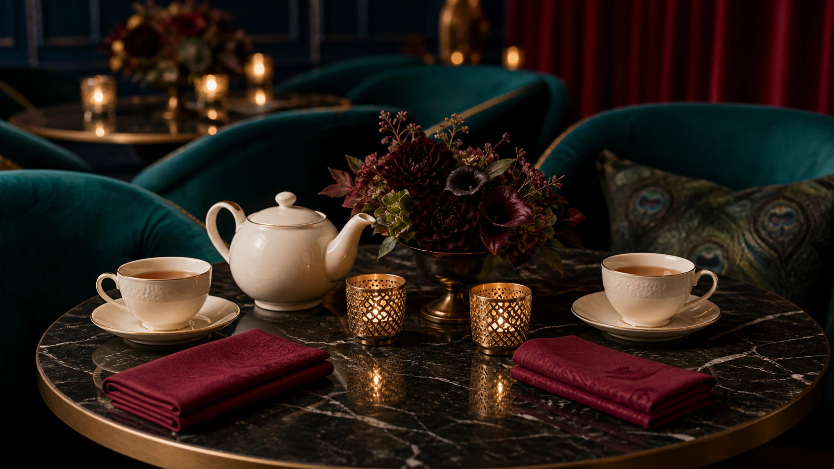 A tea table is set with two cups, garnet napkins, dark flowers, and brass candlelight.