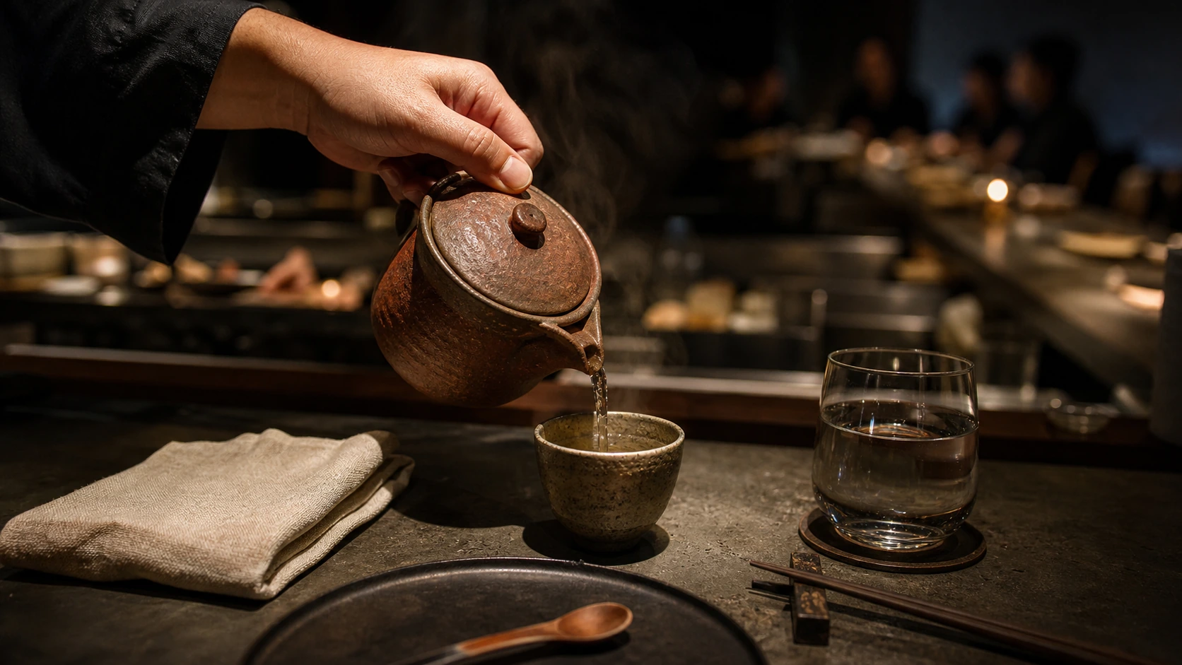 A hand pours steaming broth from a small clay pot into stoneware at the fictional open counter
