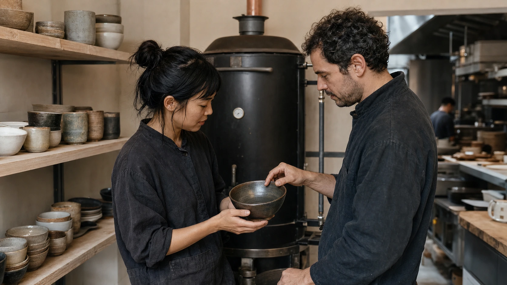 Two fictional team members inspect a smoke-glazed bowl beside a pottery kiln before service
