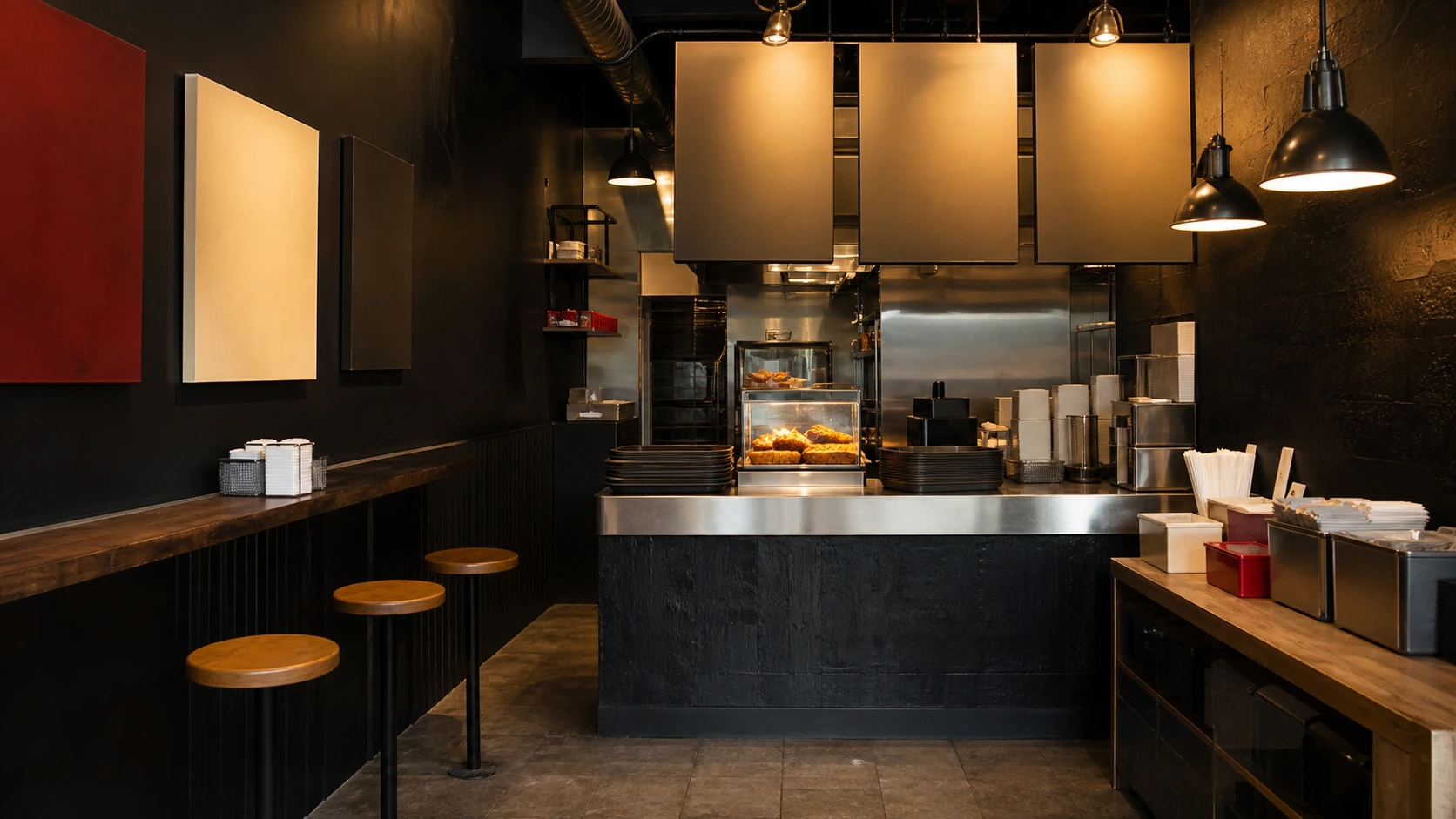 Fictional Crisp Bird counter interior with a bold menu board and warm paper accents