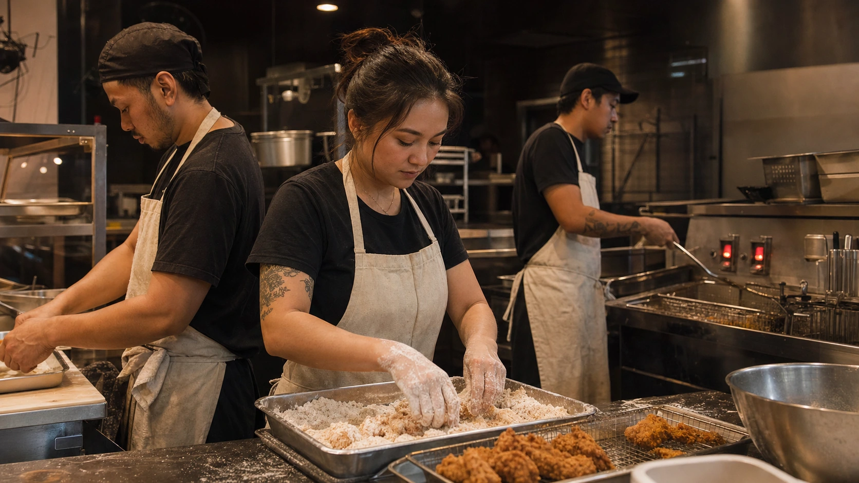 Fictional kitchen team breading chicken and working at the fryer