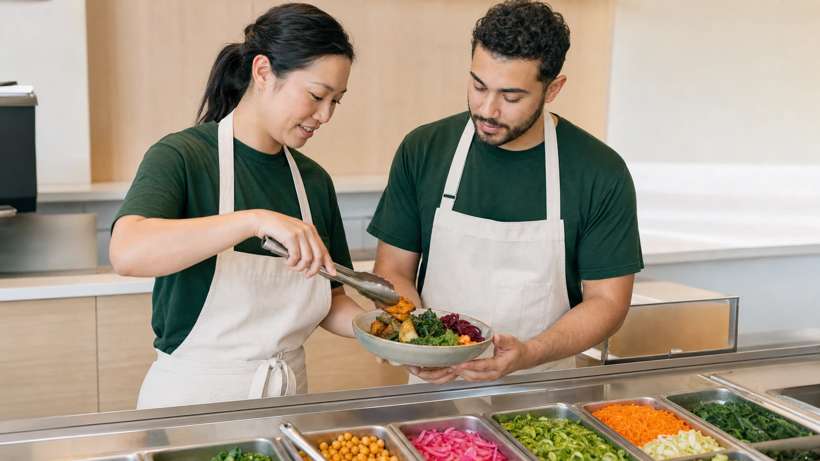 Two fictional Daily Bowl team members assembling one bowl at the counter