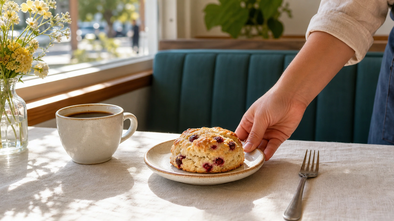 Server's hand placing a berry scone beside coffee and flowers on a sunlit table