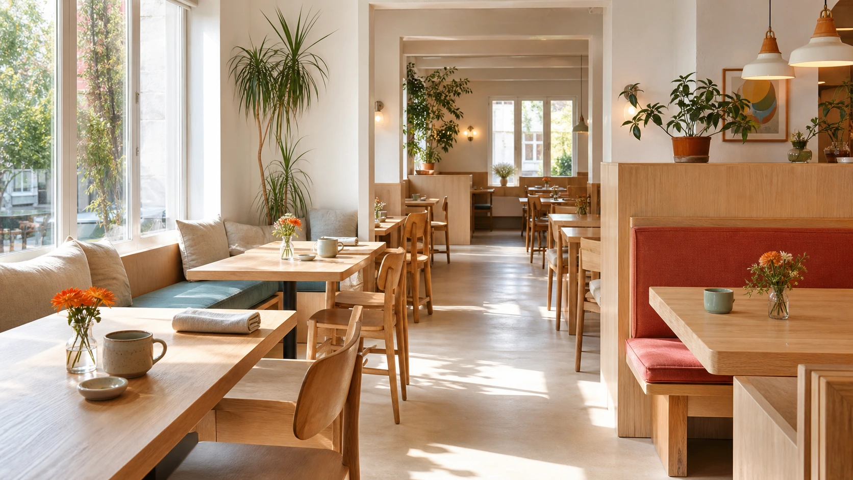 Bright cream cafe interior with window tables, wooden chairs, orange flowers, and a clear central aisle
