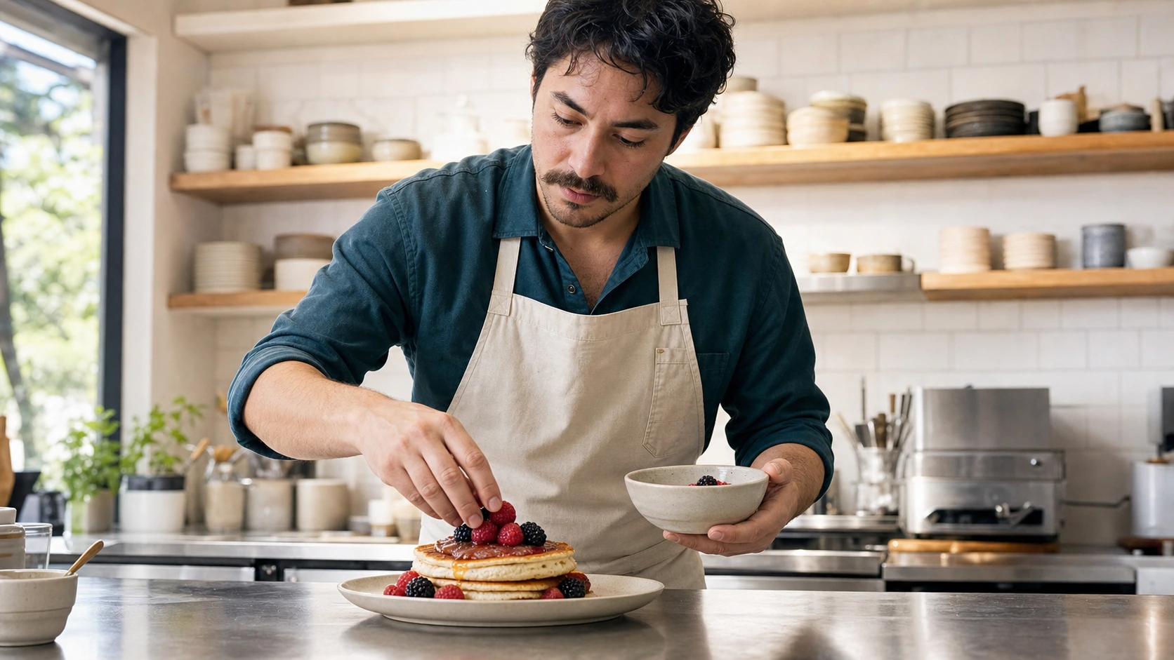 Cook adding berries to a pancake plate in a bright open kitchen