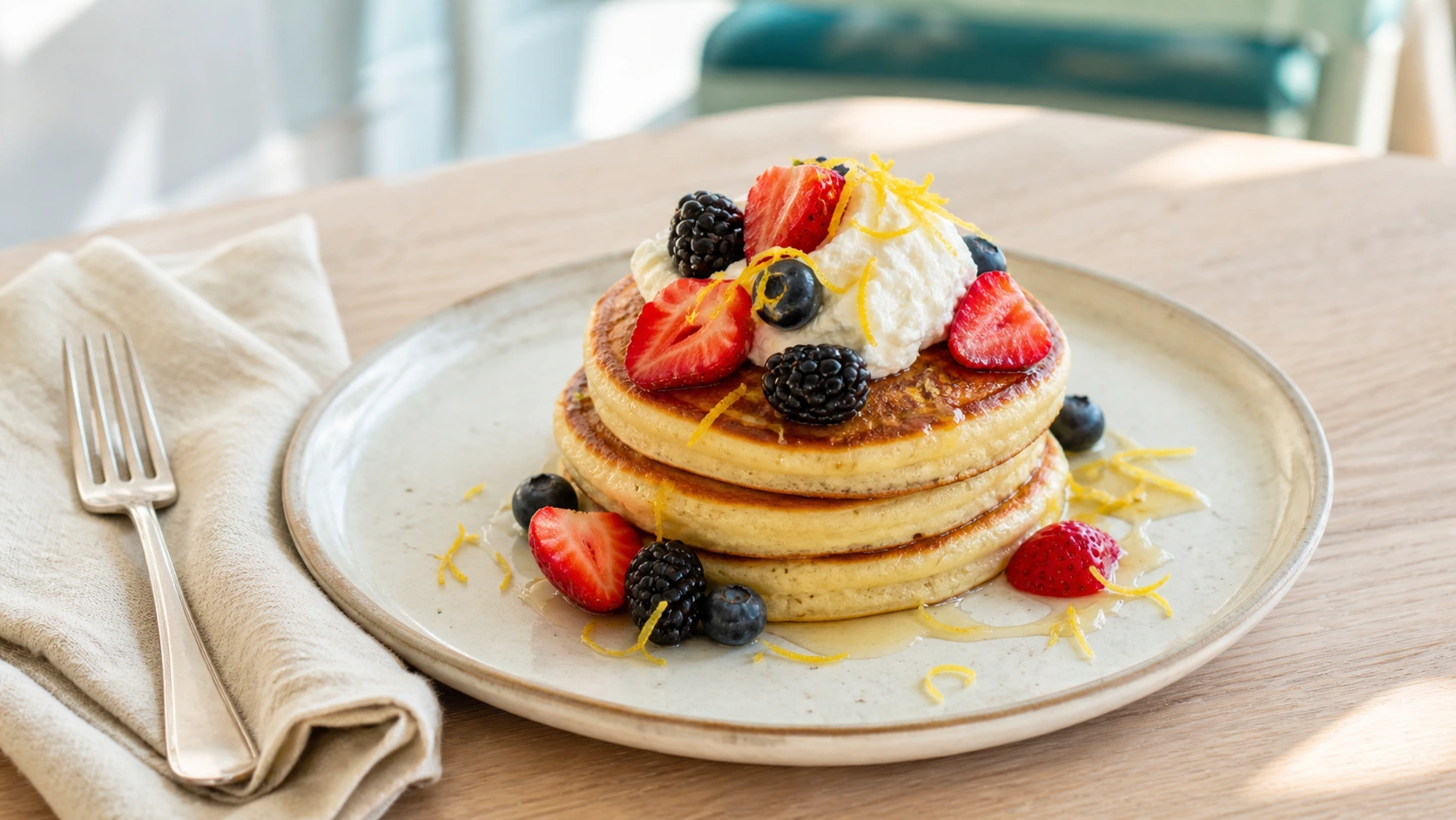 Stack of lemon ricotta pancakes topped with berries, whipped ricotta, and lemon zest