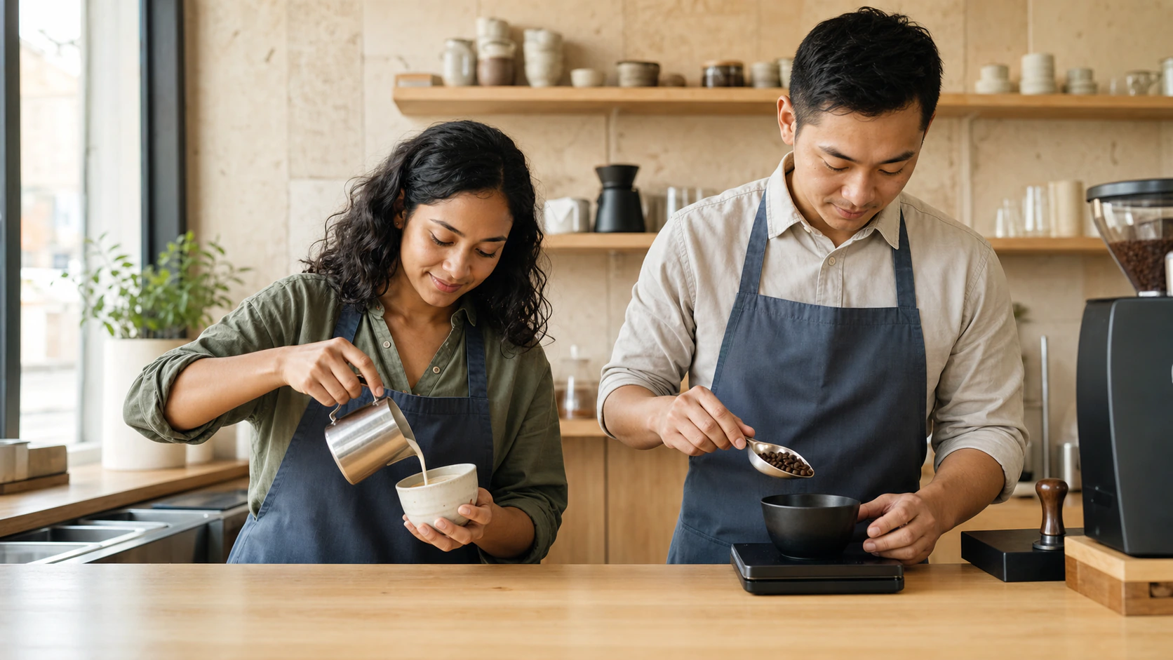 Two fictional coffee makers pouring milk and measuring beans at a cafe counter