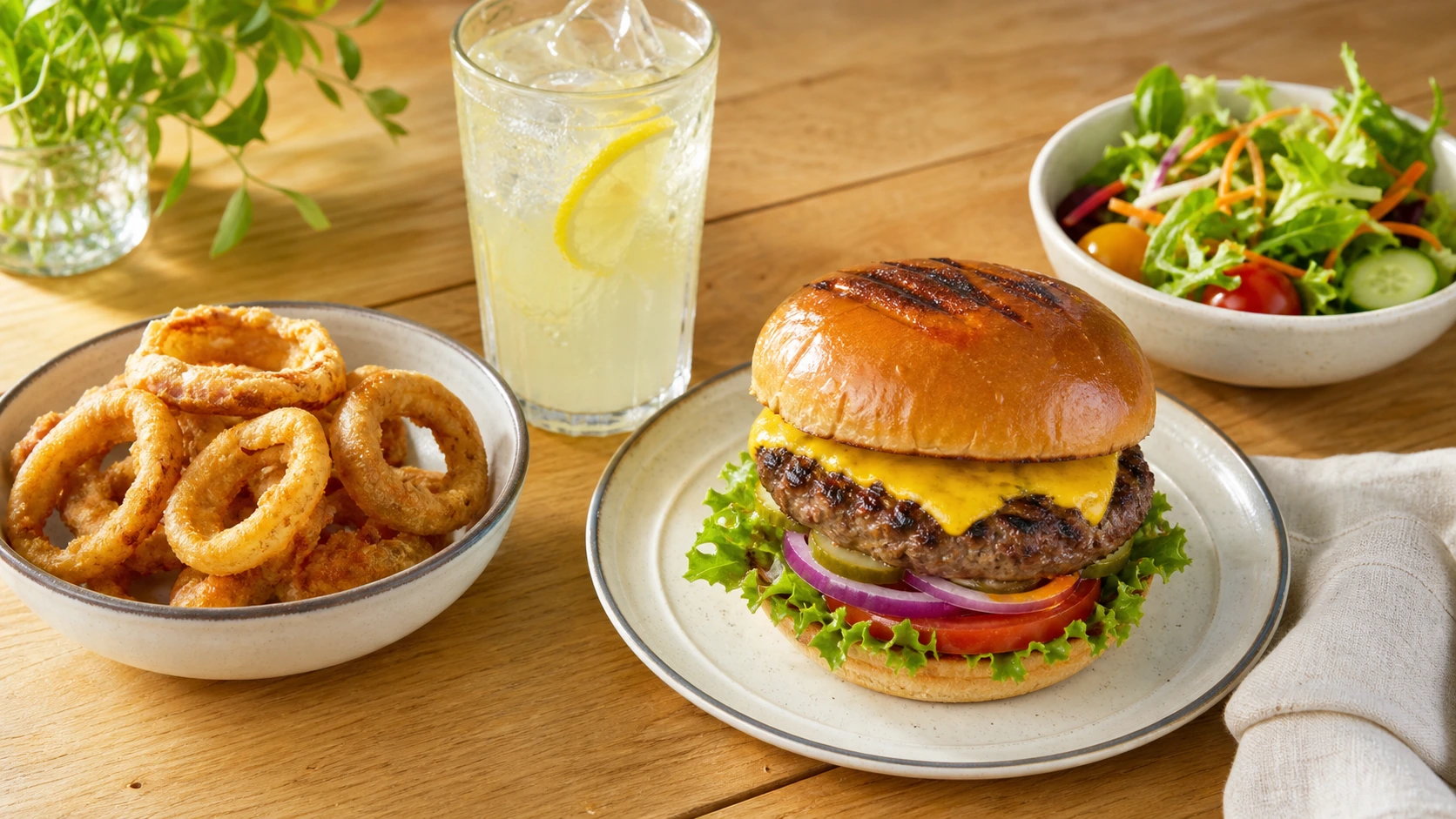 Fictional flame-grilled cheeseburger with onion rings, lemonade, and side salad