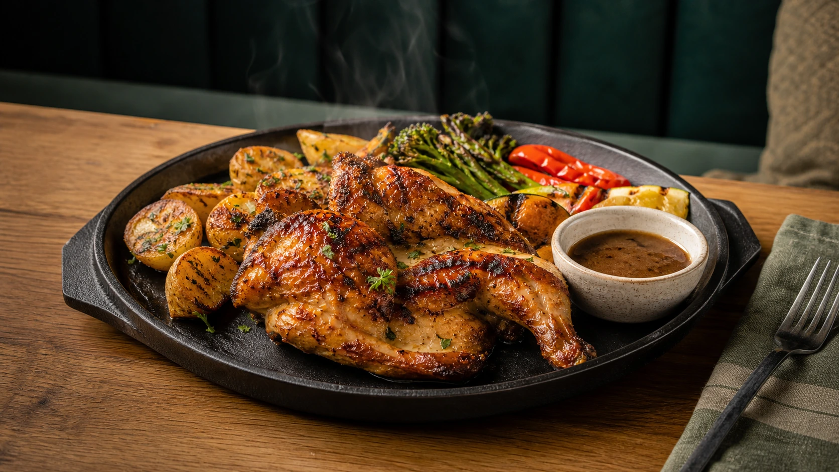 Fictional flame-grilled chicken with herb potatoes, broccolini, peppers, and sauce on a cast-iron platter