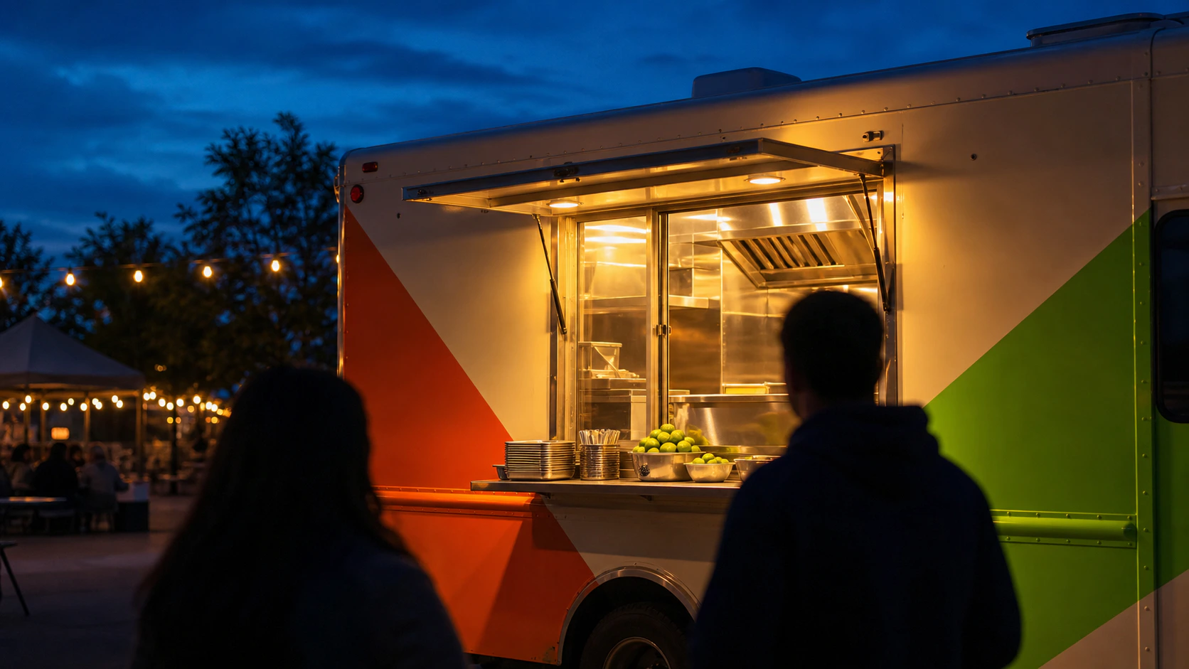 Fictional evening street atmosphere near a taco truck