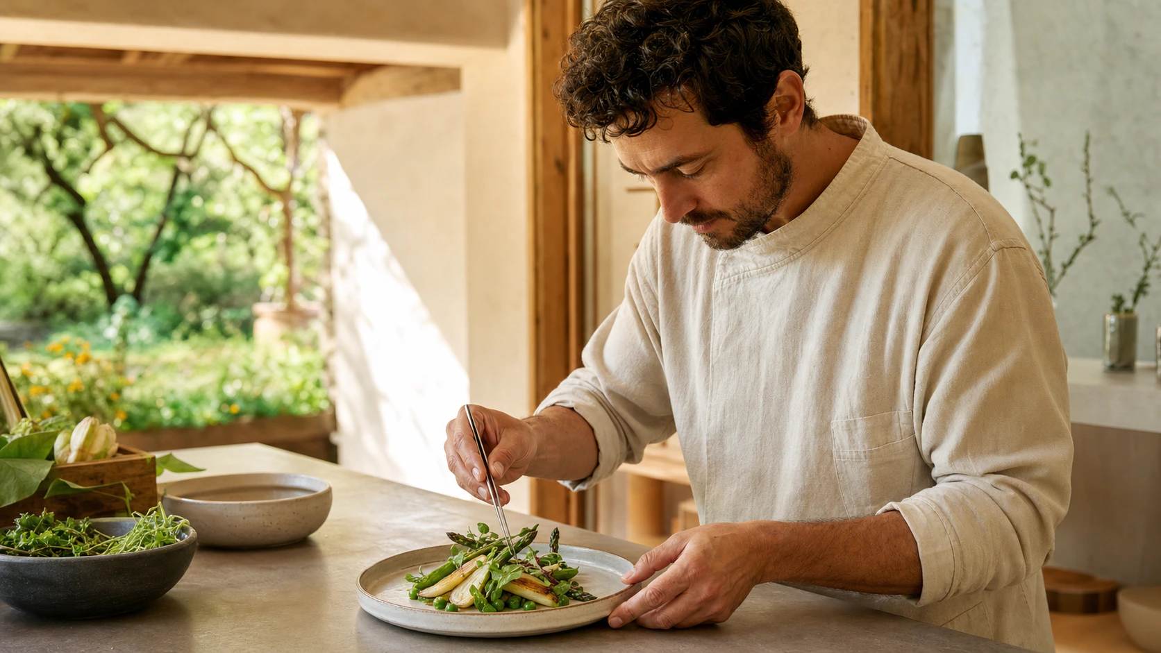 Fictional chef using tweezers to finish a seasonal vegetable plate