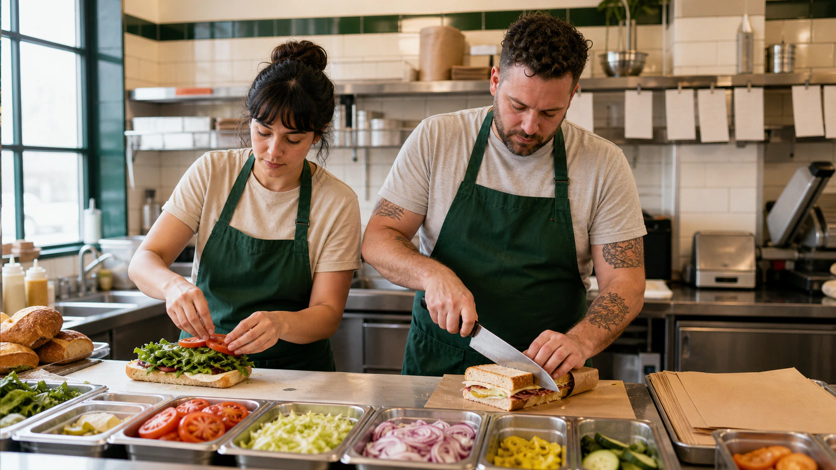 Two deli cooks assembling and slicing sandwiches