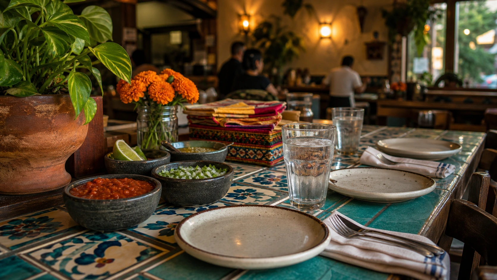 Fictional early-evening table set with ceramic plates, water glasses, salsa bowls, bright tile, and marigolds, with adults softly blurred in the background.