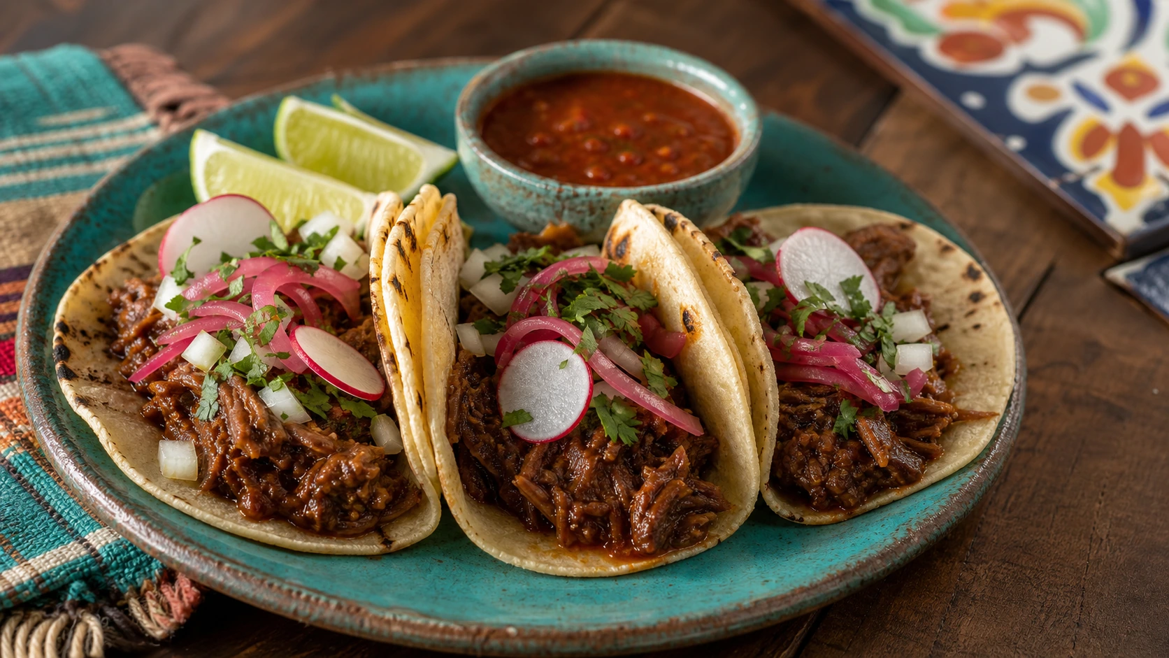 Close fictional food photograph of three red chile braised beef tacos with onion, cilantro, pickled red onion, radish, lime, and salsa roja on a turquoise plate.