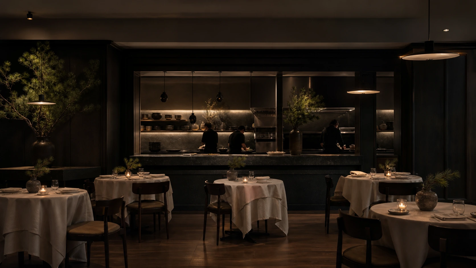 Quiet fictional dining room interior with pine, linen, and warm evening light