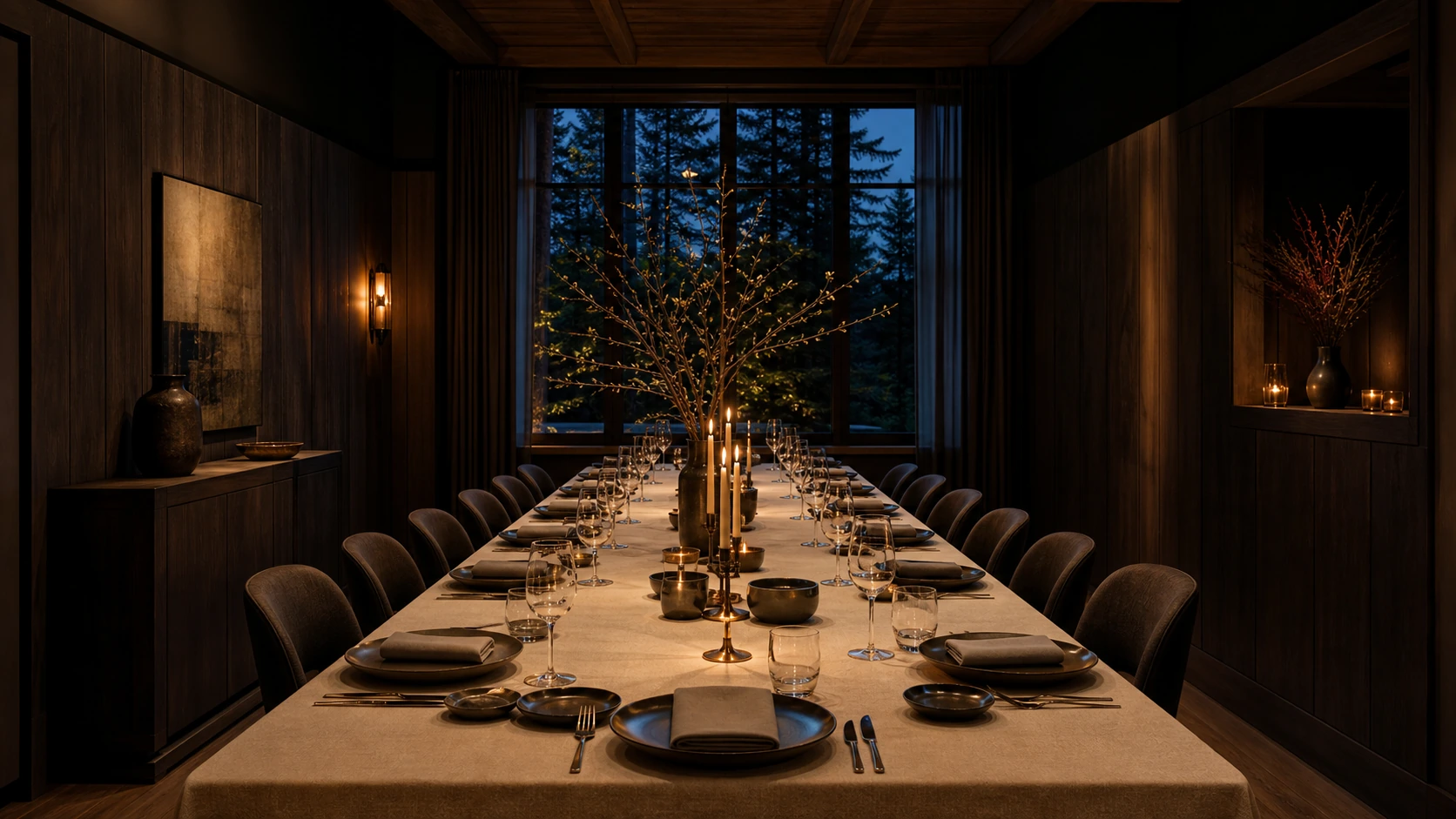 Fictional candlelit private dining room with a long table set for twelve